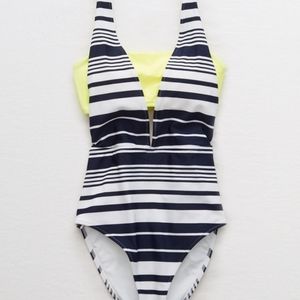 Aerie Layered One Piece Navy Striped Swimsuit Sz L